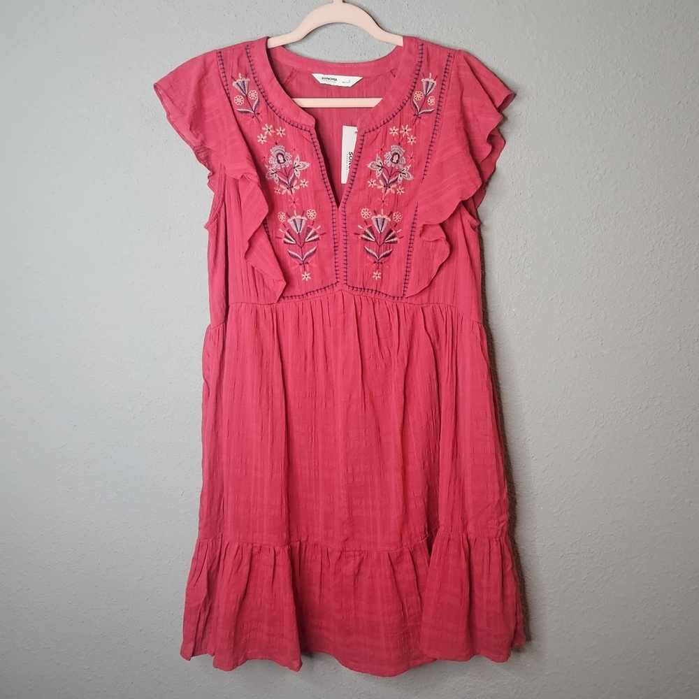 Sonoma Dress Sz Large Berry Red Floral Embroidered Pockets Cottage Boho V Neck